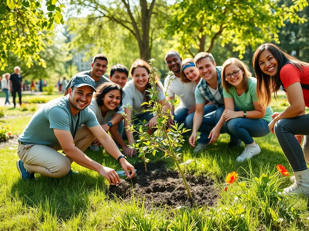 A vibrant photograph capturing volunteers planting trees in a local park, symbolizing FAUT QU'CA BOURGES' commitment to environmental sustainability and community beautification.