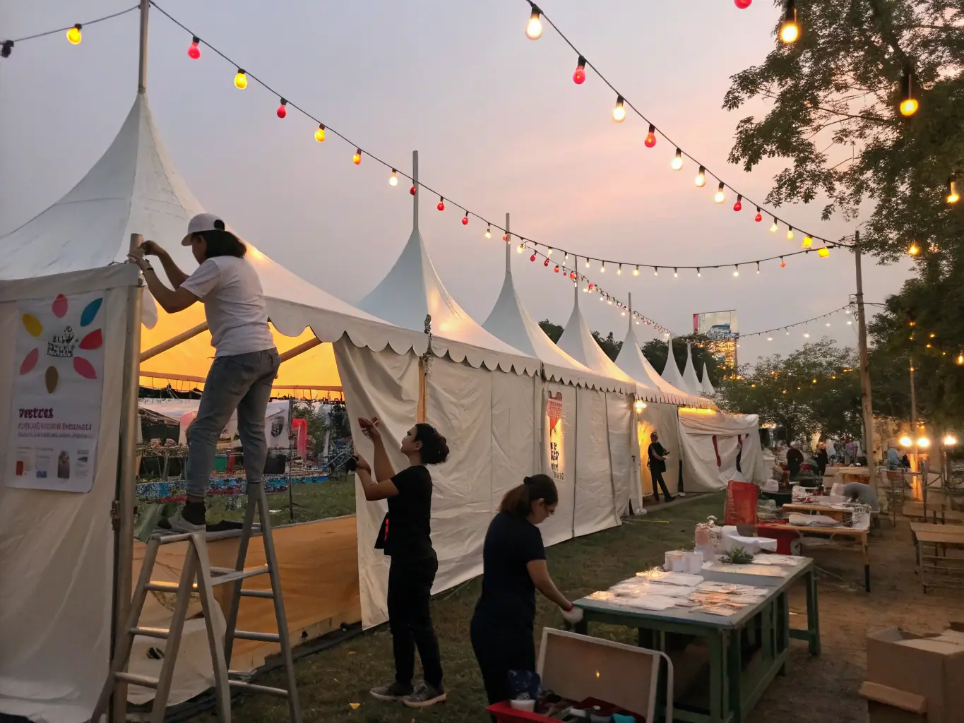 An image depicting volunteers setting up for a local cultural festival, showcasing community collaboration and engagement.