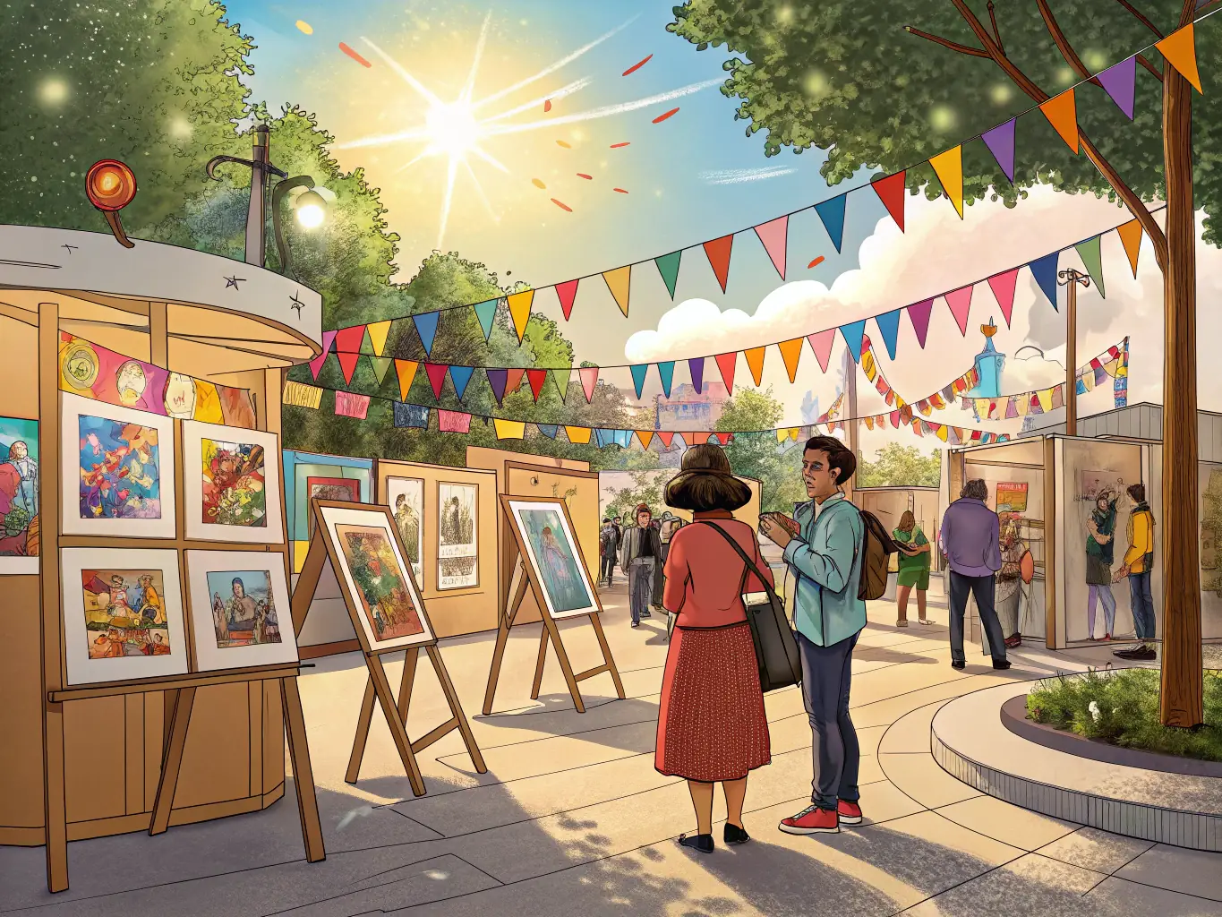 A vibrant outdoor scene depicting a local arts festival in Bourges, with artists displaying their work and community members enjoying the atmosphere.