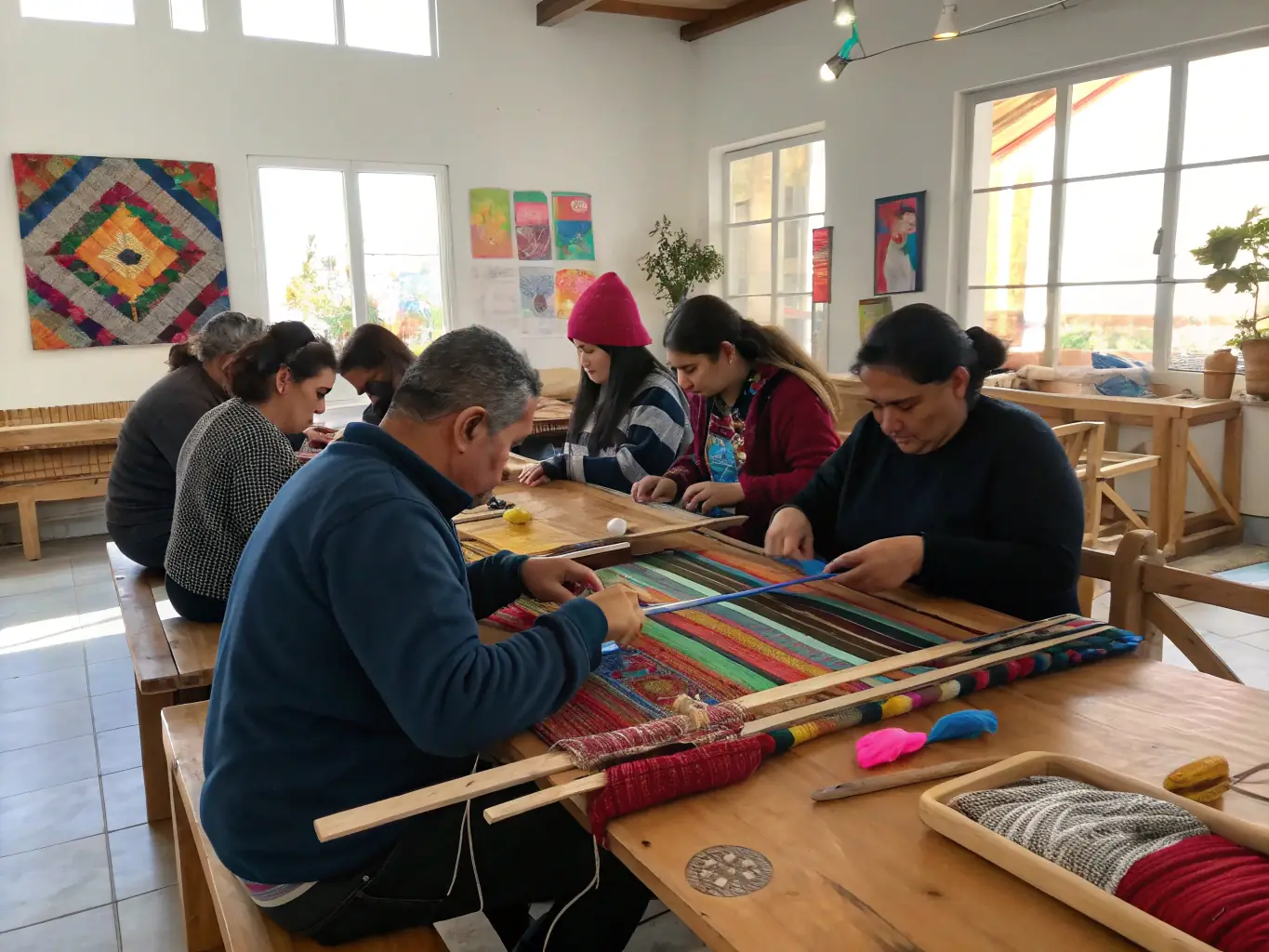 A group of diverse community members participating in a workshop focused on local traditions and crafts.